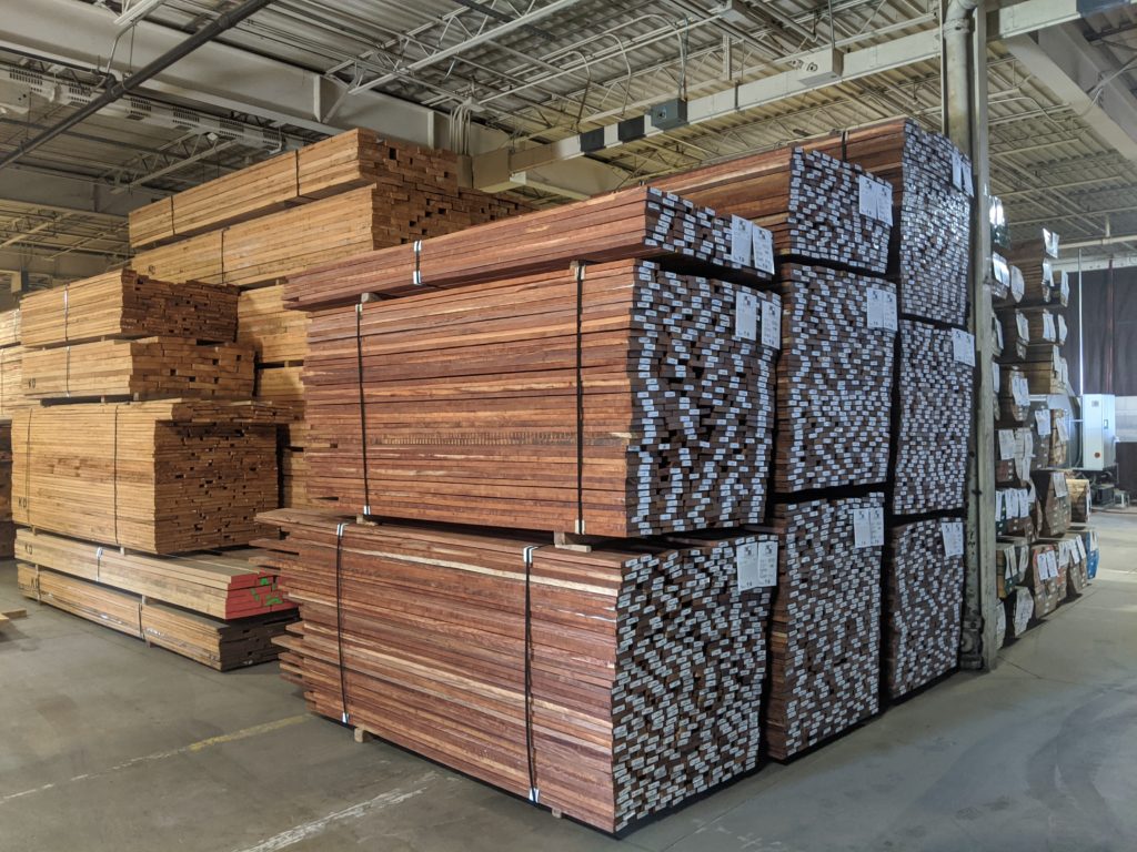 Stack of 4/4 South American Chechen square edge lumber.