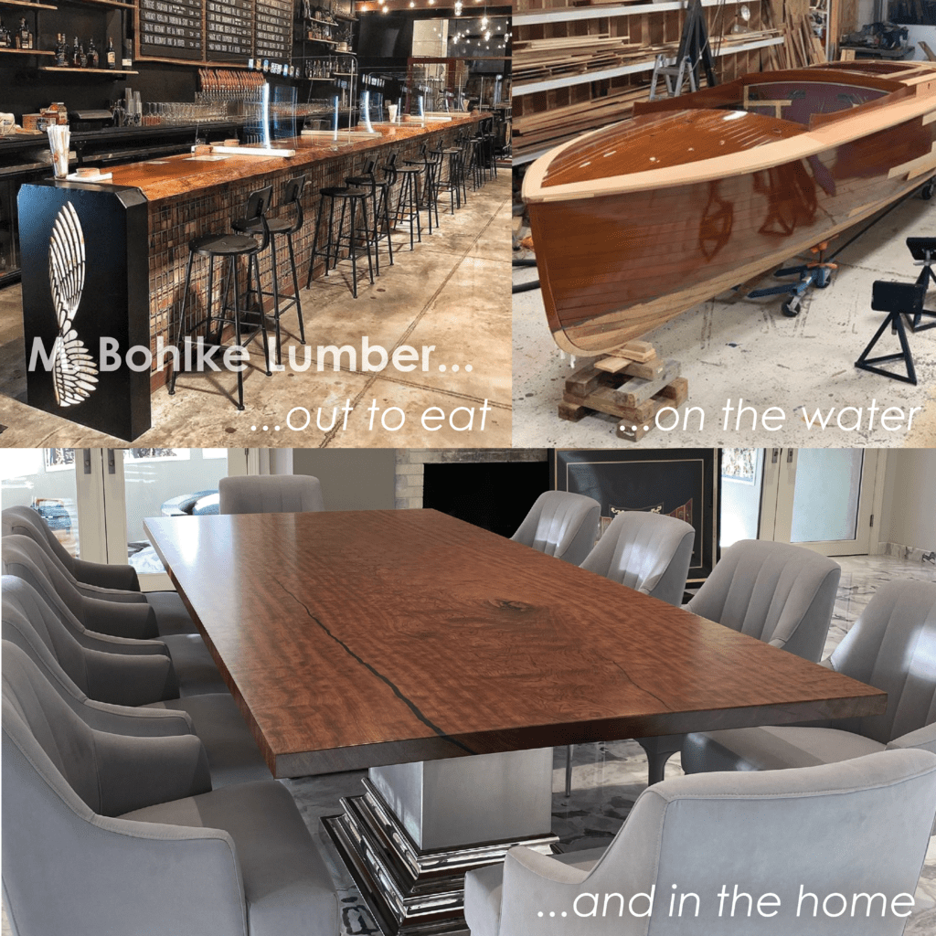 Collage of M. Bohlke Lumber projects during 2020: Kosipo bar top, boat restoration, and live edge slab crafted into a dining table.