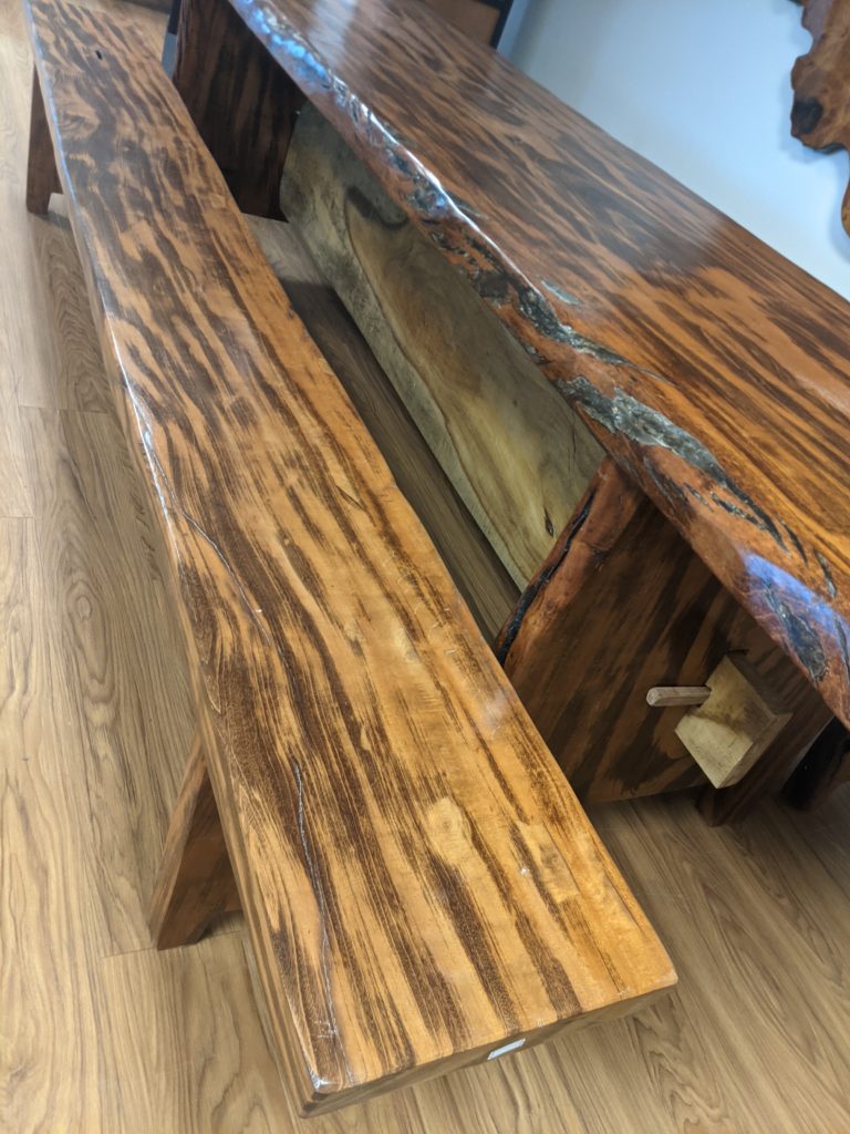 Rustic finished Tigerwood / Goncalo Alves table and bench.