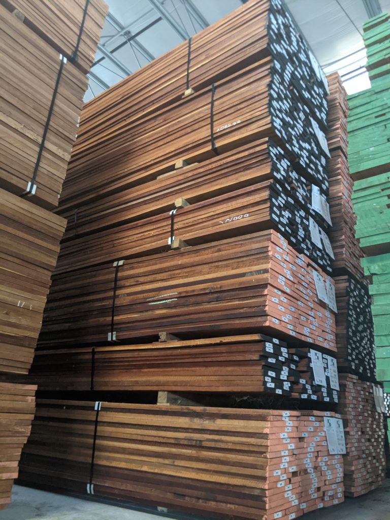 Neatly stacked Goncalo Alves (Tigerwood) hardwood lumber in Fairfield, Ohio.